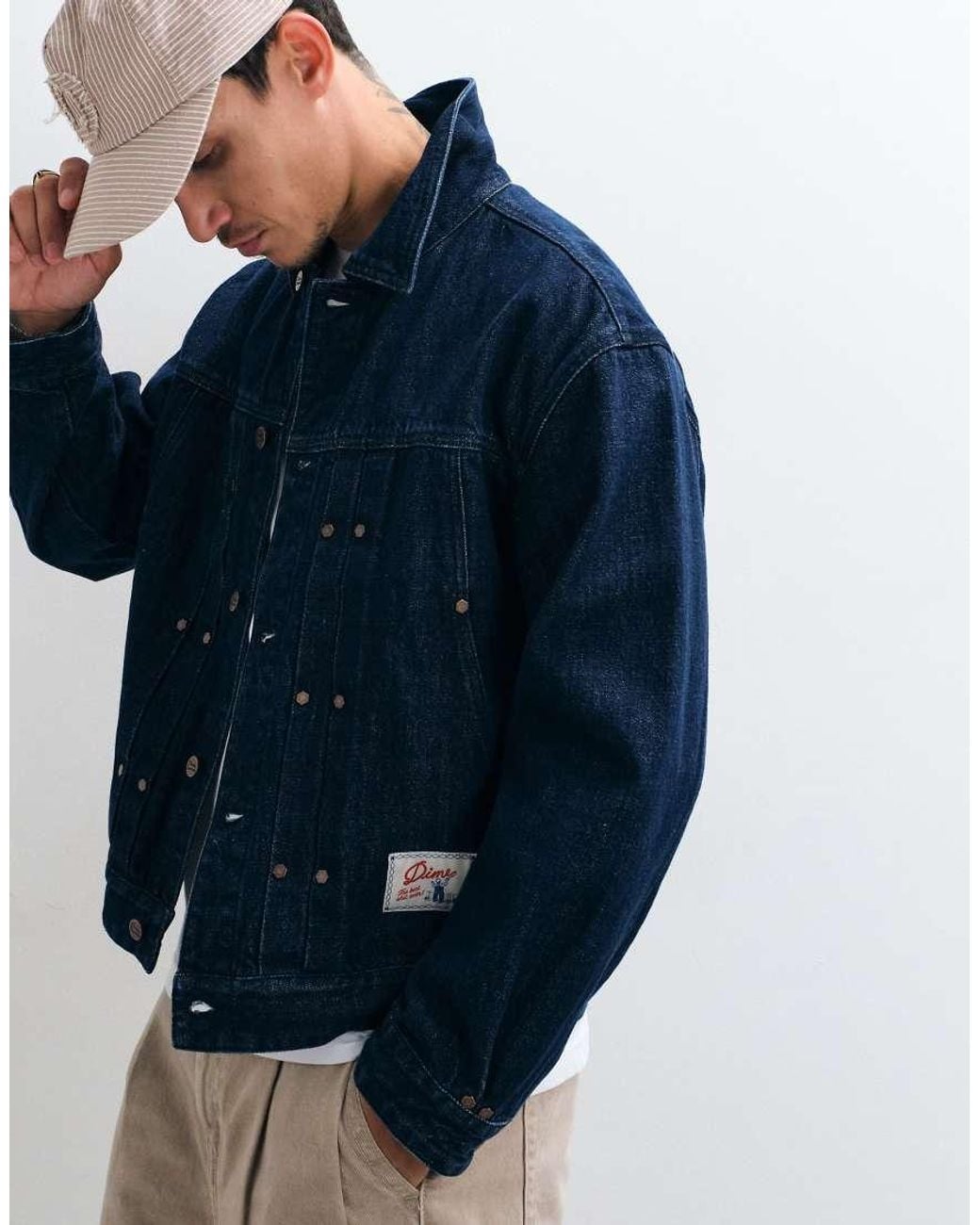 Dime Blue Boxy Fit Pleated Logo Patch Denim Jacket