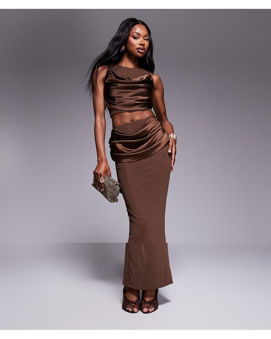 ★SCULPTOR★ Braid Detail Satin Skirt Brown SC24A418BR 7/8 Front Slit Ribbon Skirt - Ash – KES