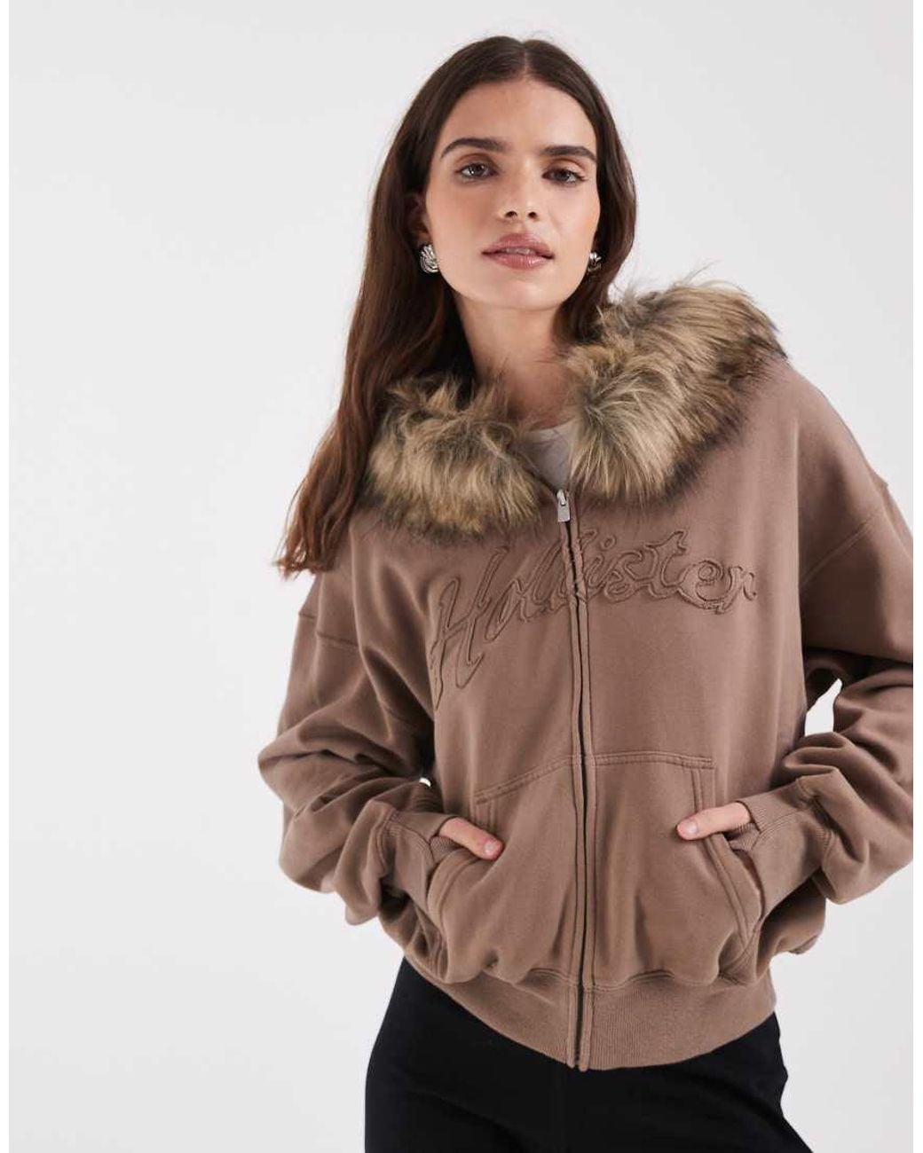 Hollister Brown Logo Graphic Zip Through Hoodie With Fur Trim