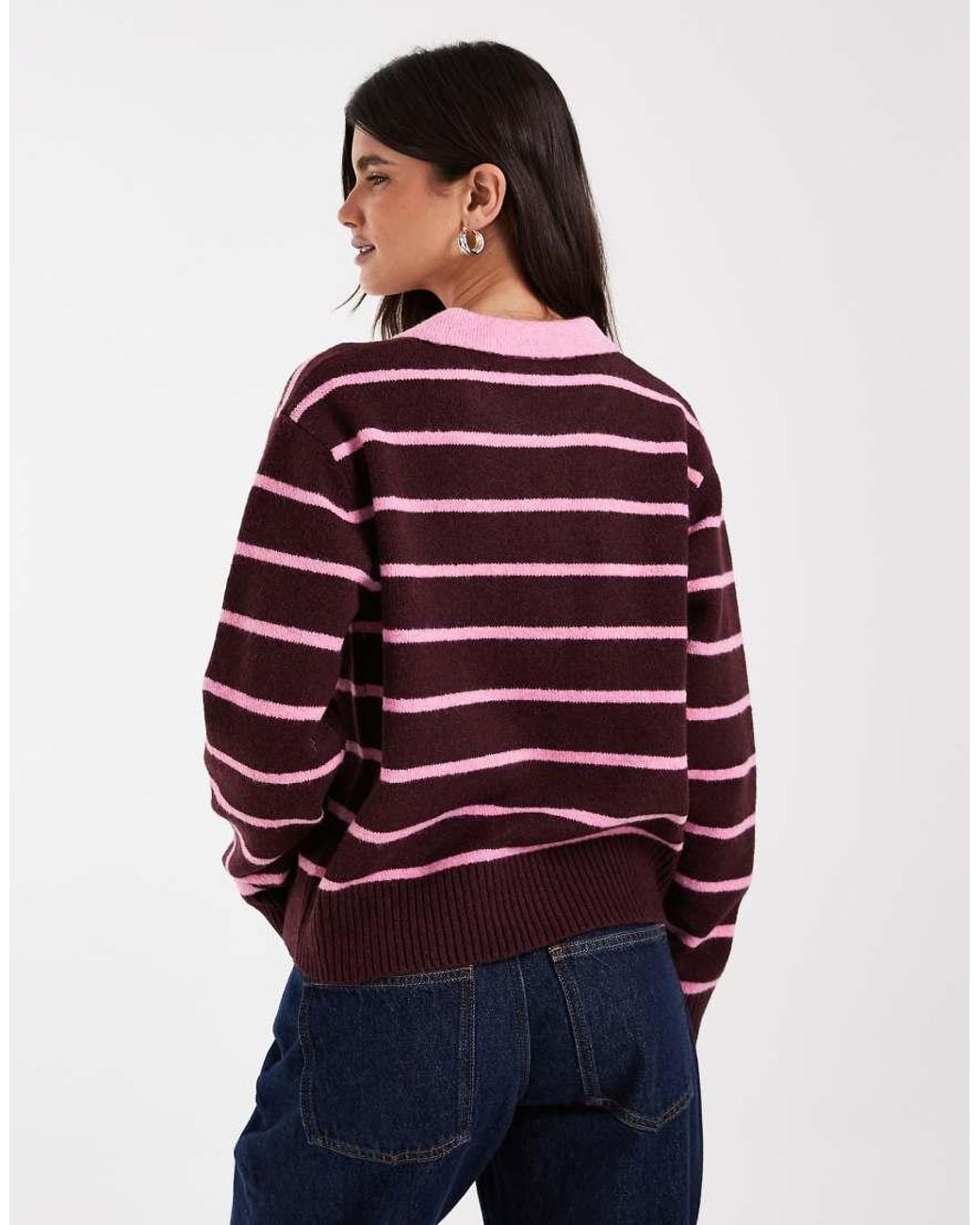 JJXX Red Long Sleeve Knitted Polo With Stripes