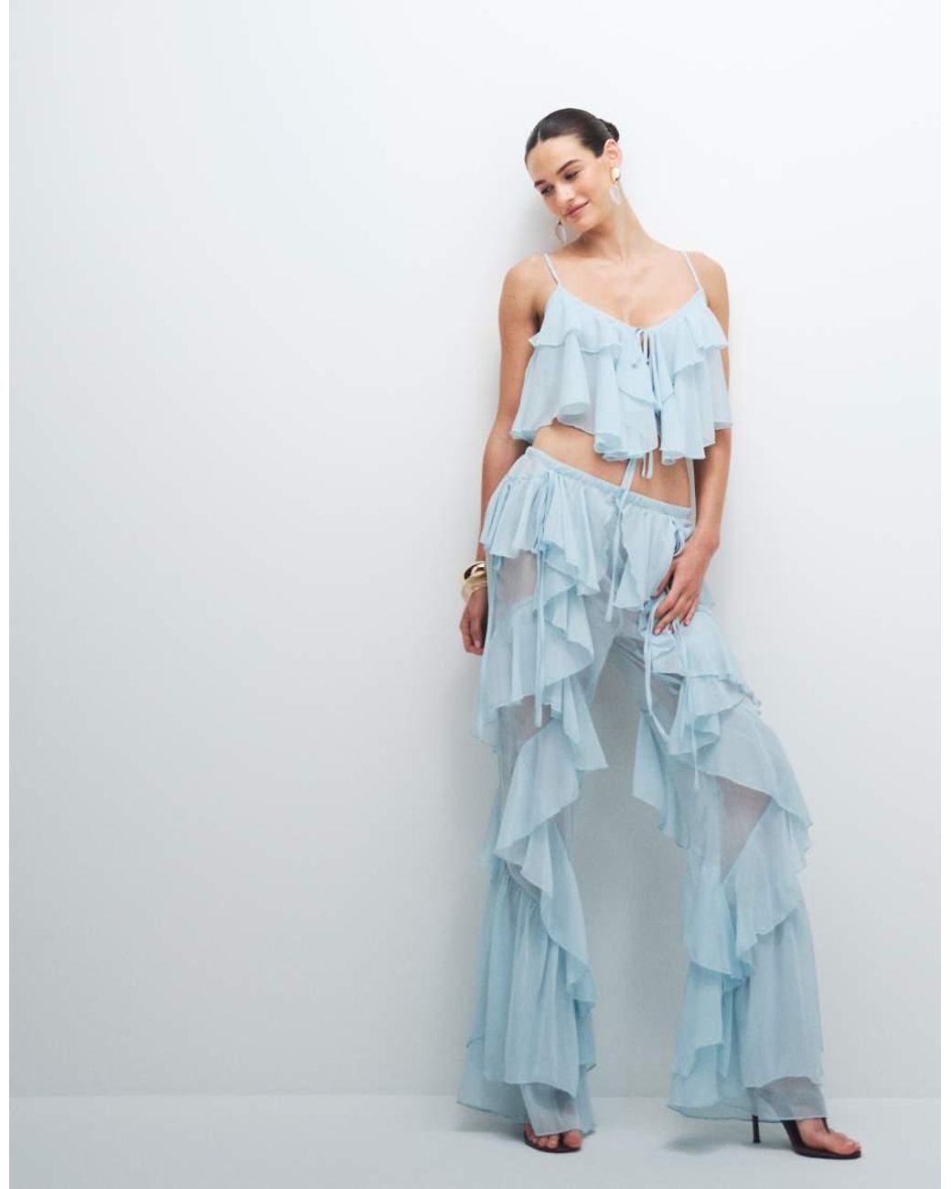 Noughts & Kisses Blue Chiffon Extreme Ruffle Cropped Cami Top Co-Ord