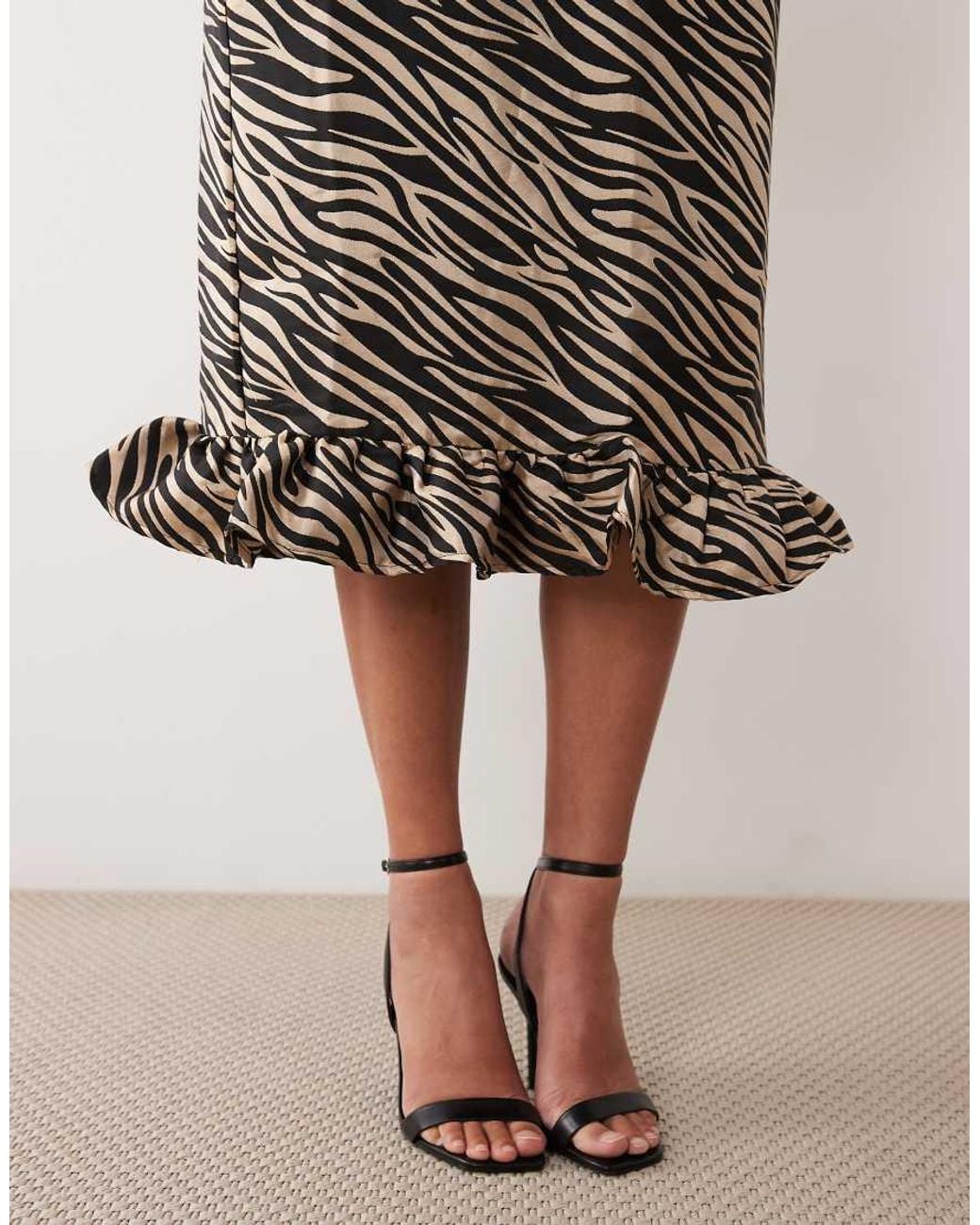 Ghospell Natural High Rise Drawstring Waist Peplum Hem Midi Skirt Co-Ord