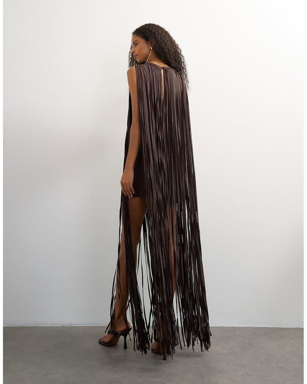 TOPSHOP Brown Premium Satin Fringed Maxi Dress