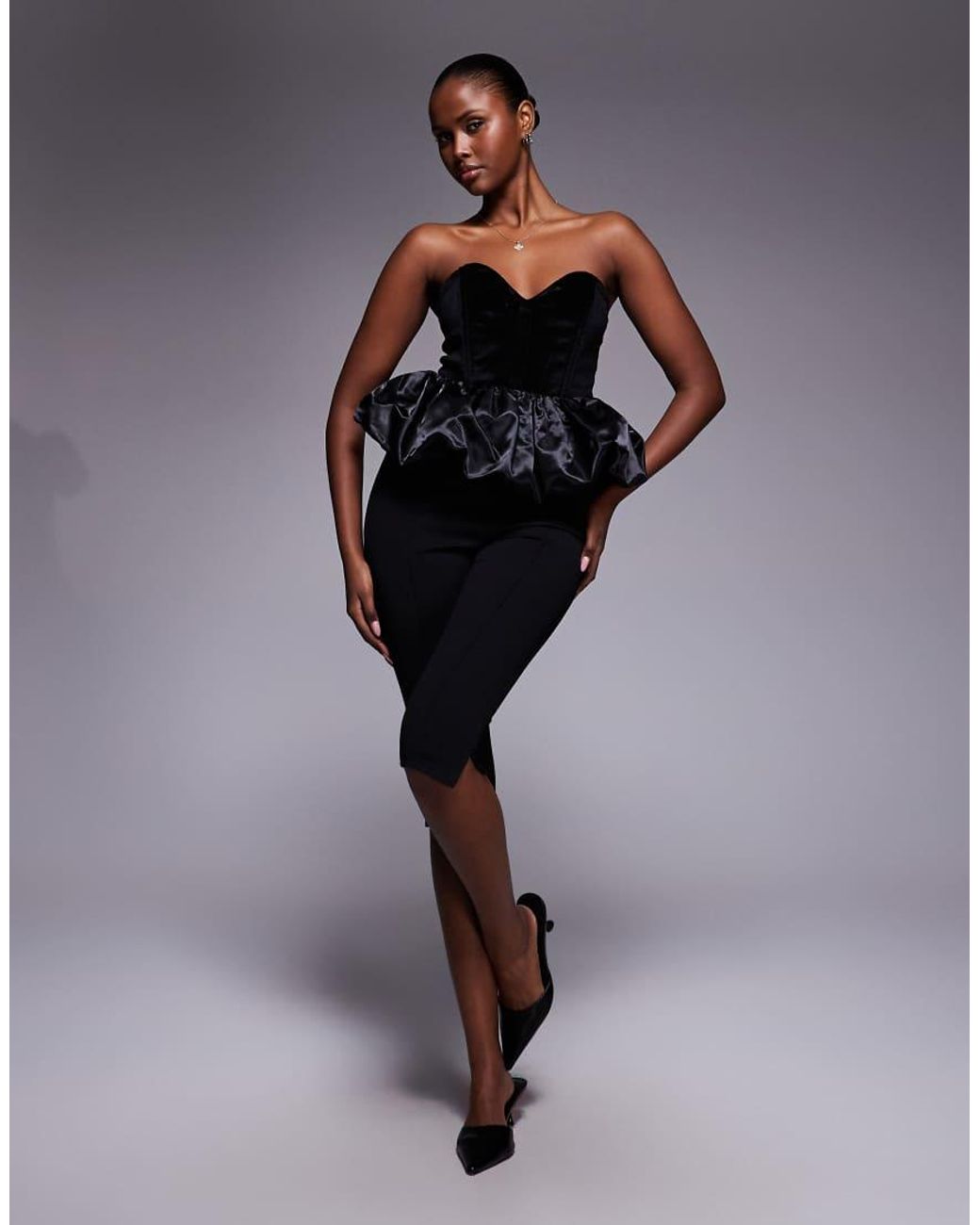 River Island Black Velvet Bandeau Peplum Top