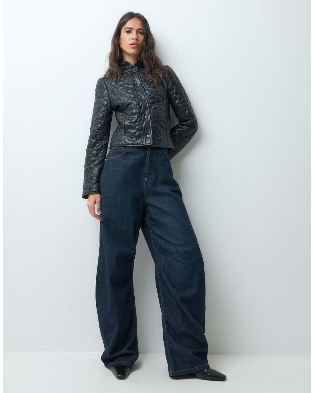 Miss Selfridge Blue Leather Look Floral Quilt Jacket With Frill Collar