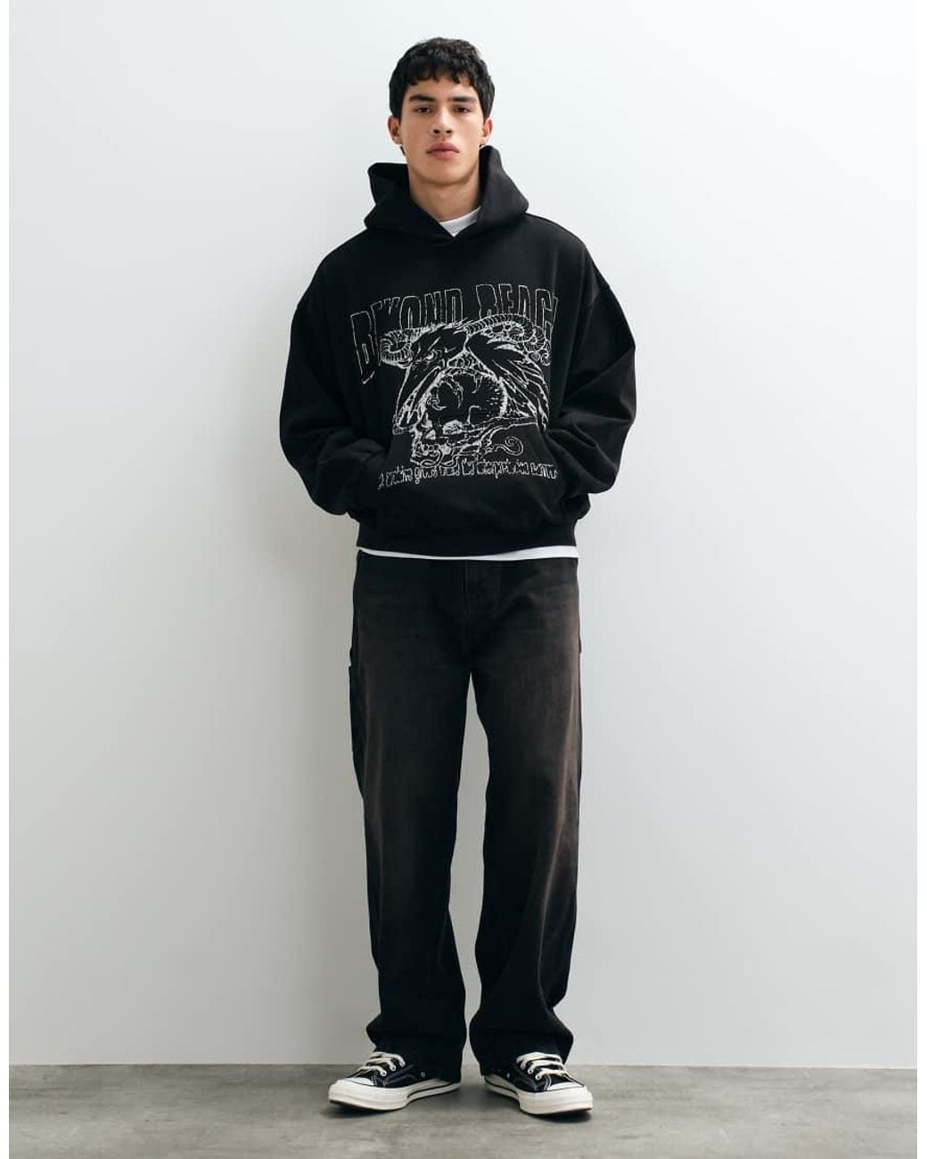 Weekday Black Oversized Hoodie With Beyond Reach Graphic Print for men