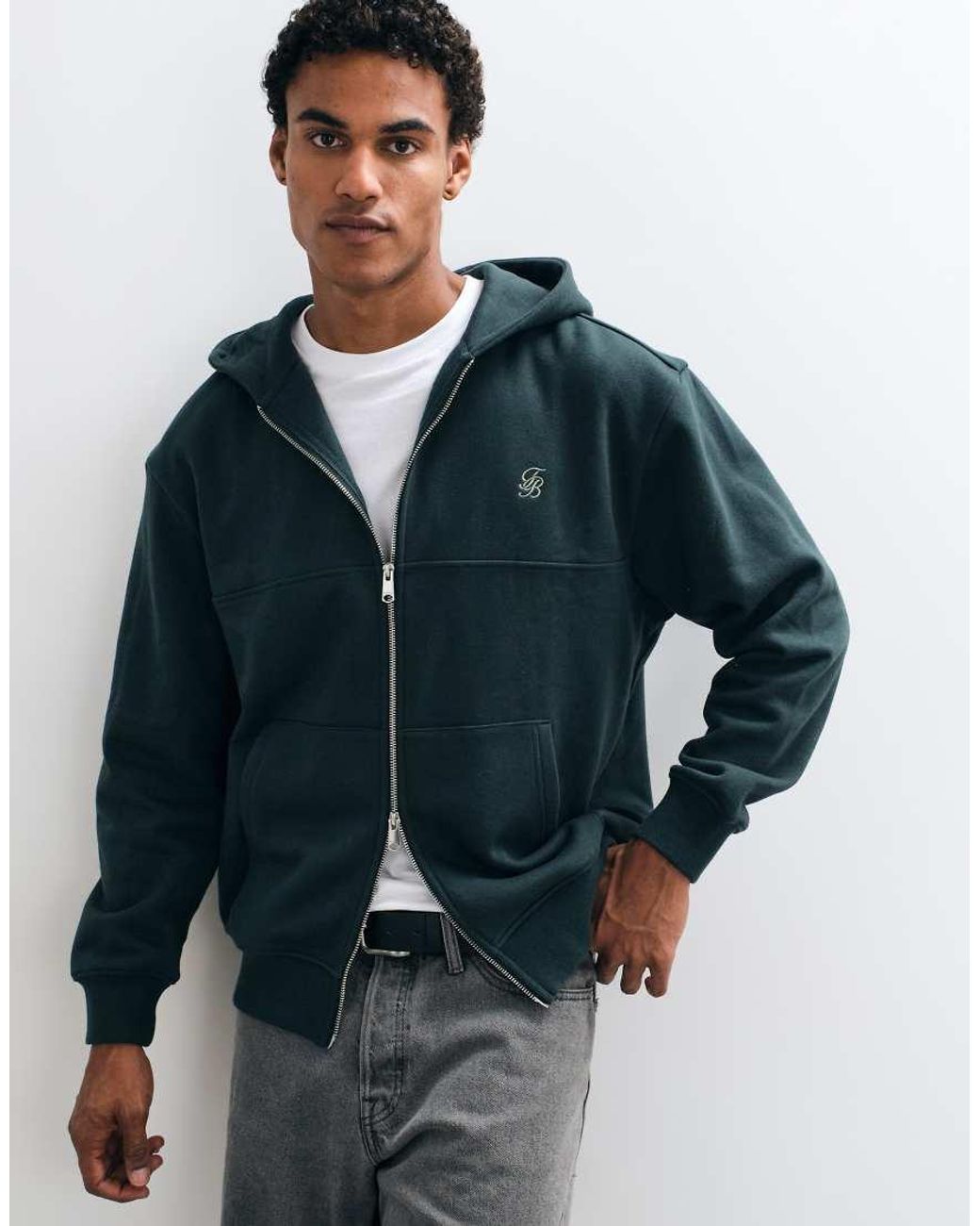 Threadbare Green Zip Through Relaxed Fit Hoodie for men