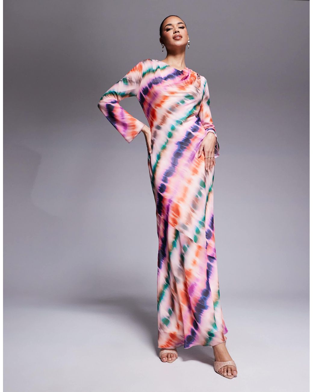 DASKA Cowl Neck Chiffon Maxi Dress in Gray | Lyst