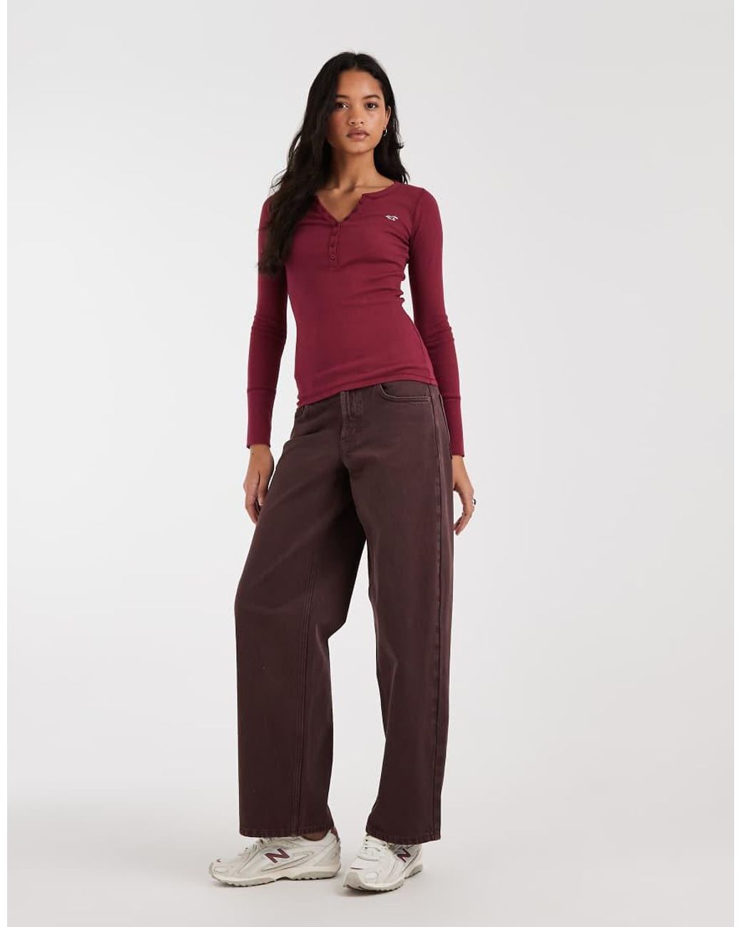 Hollister Red Long Sleeve Button Up Henley Top