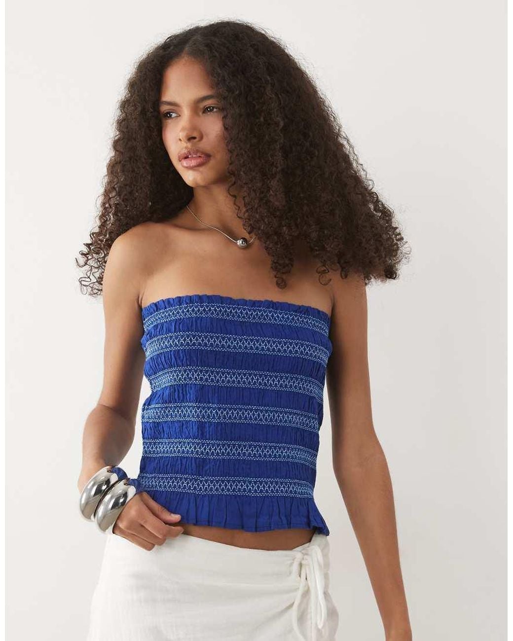 Mango Blue Teen 100% Cotton Ruched Strapless Top