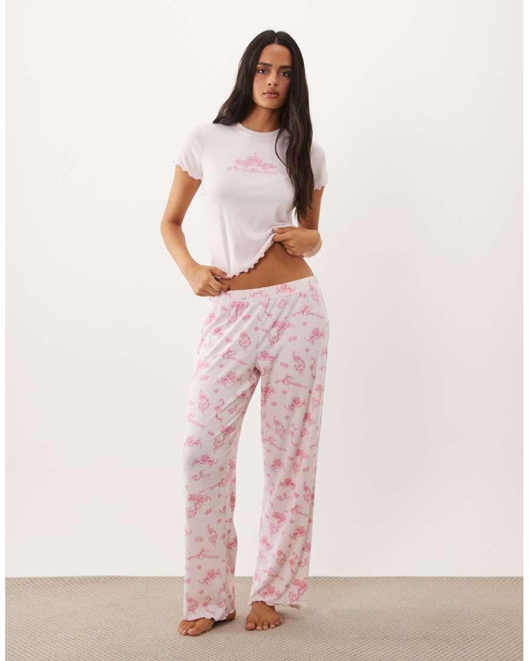 Juicy Couture Pink Rose Print Rib Short Sleeve Tee/trouser Pyjama Set