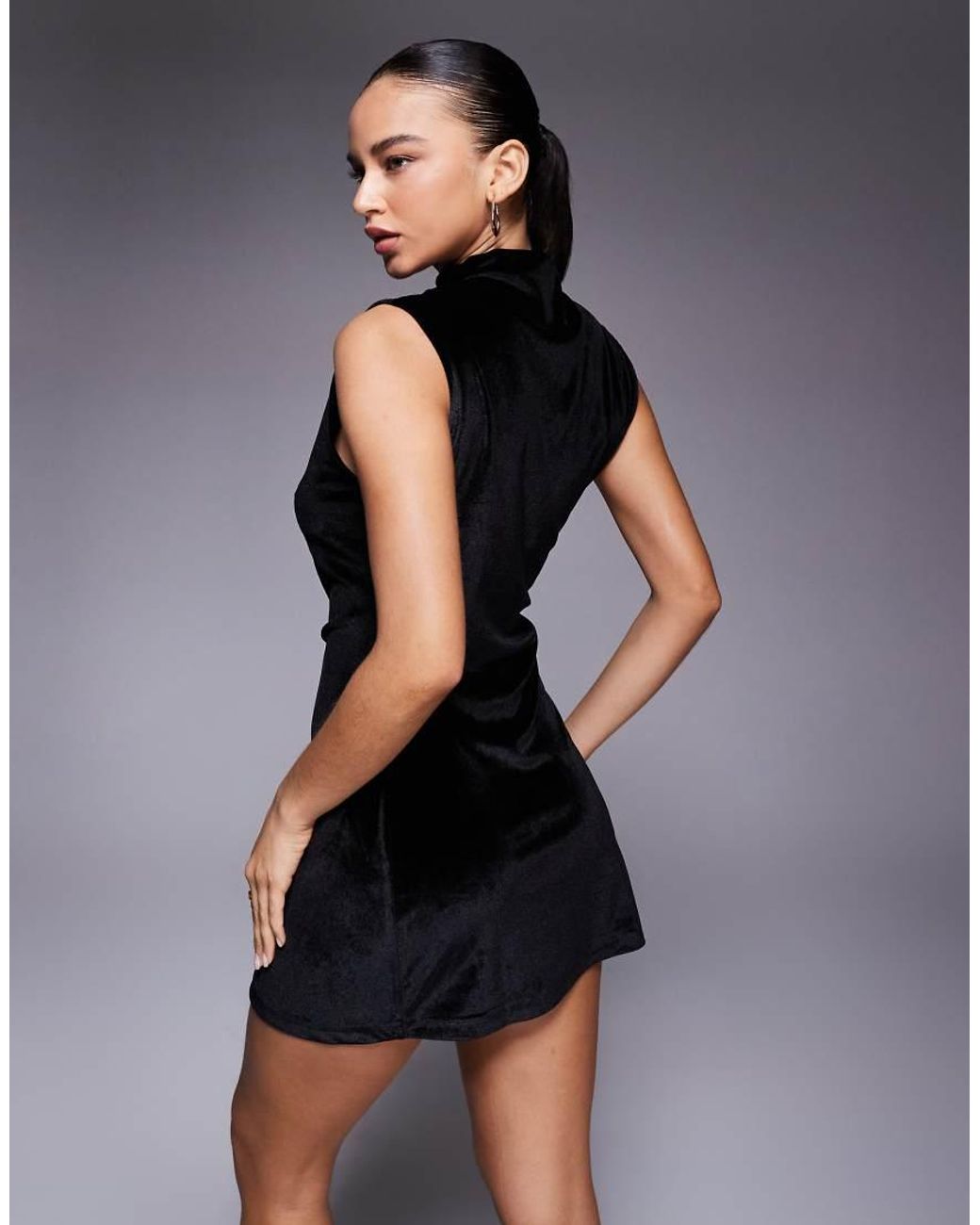 ASOS Black Velvet Sleeveless Ruched Side Mini Dress With Grown On Neck
