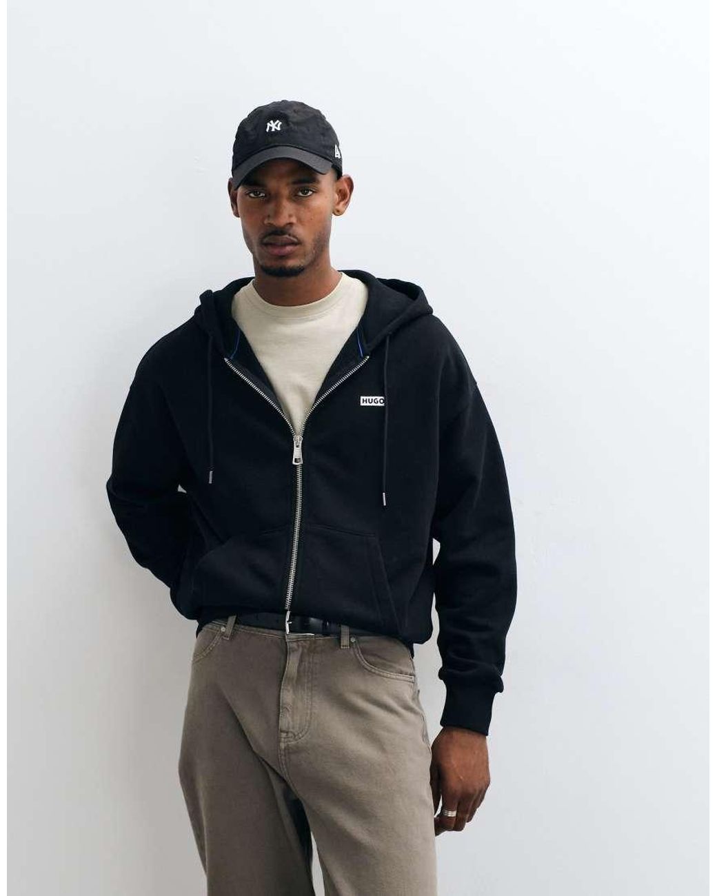 HUGO Black Nardimez Loose Fit Back Print Zip Through Hoodie for men