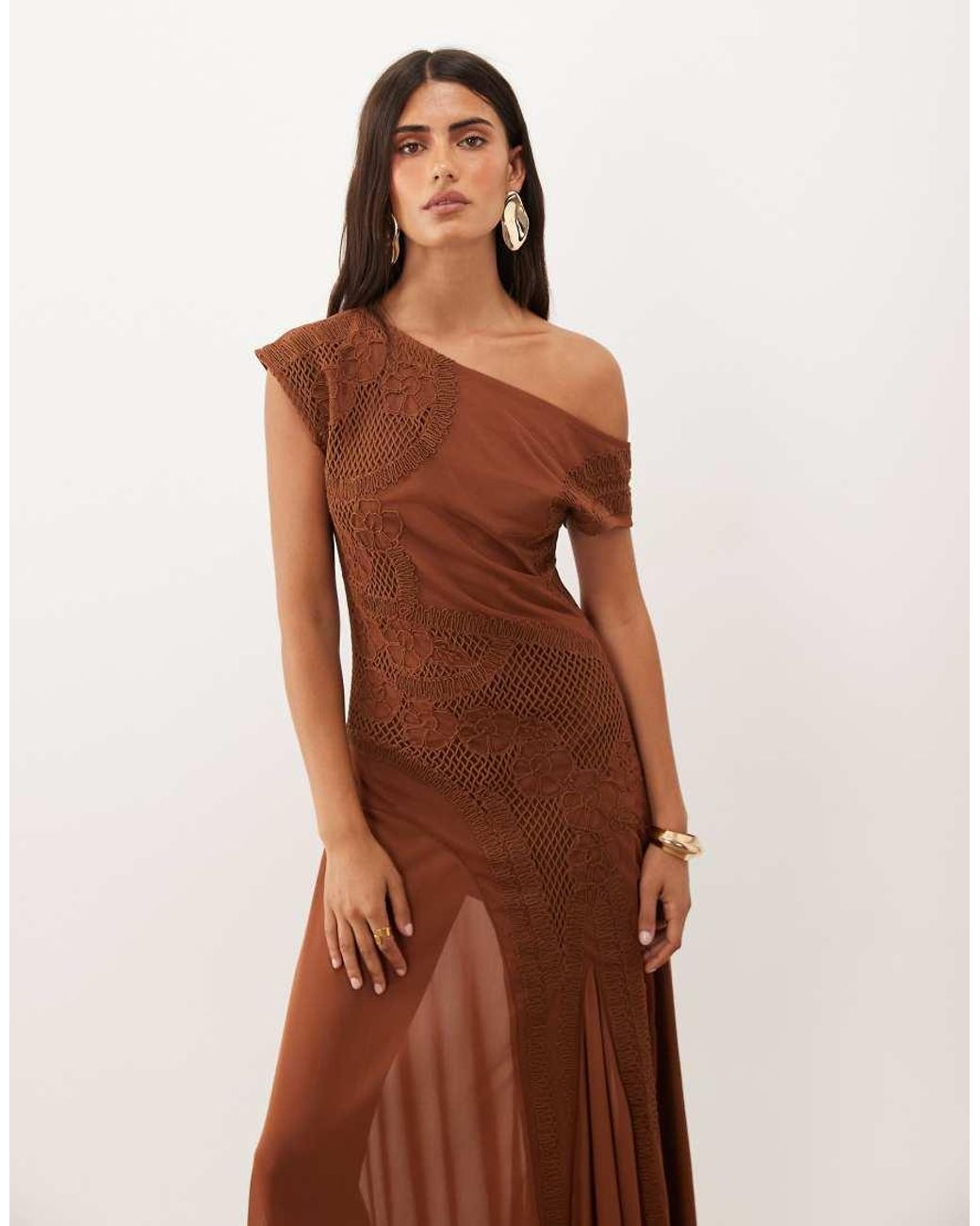 ASOS Brown Embroidered Mesh Off Shoulder Maxi Dress With Sheer Godet Detailing