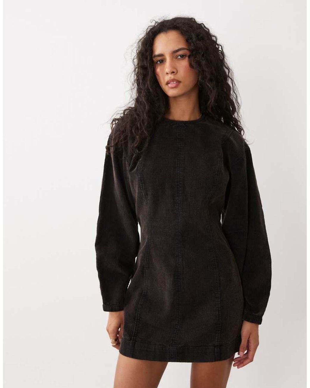 ASOS Black Barrel Sleeve Cord Seamed Mini Dress