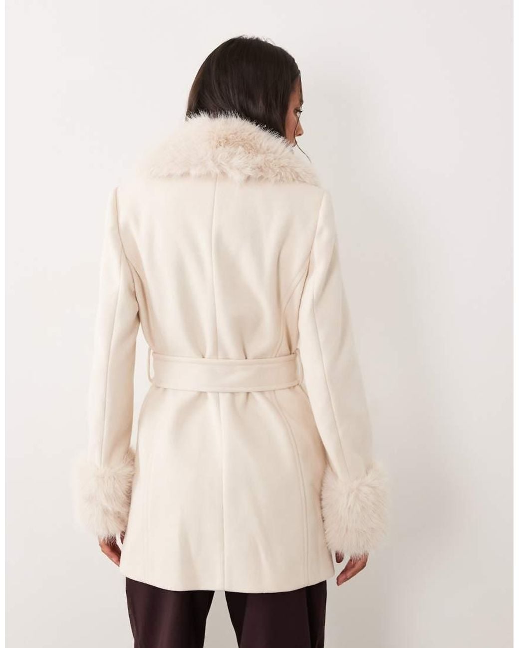 Forever New Natural Faux Fur Collar Cuff Tie Belt Short Coat