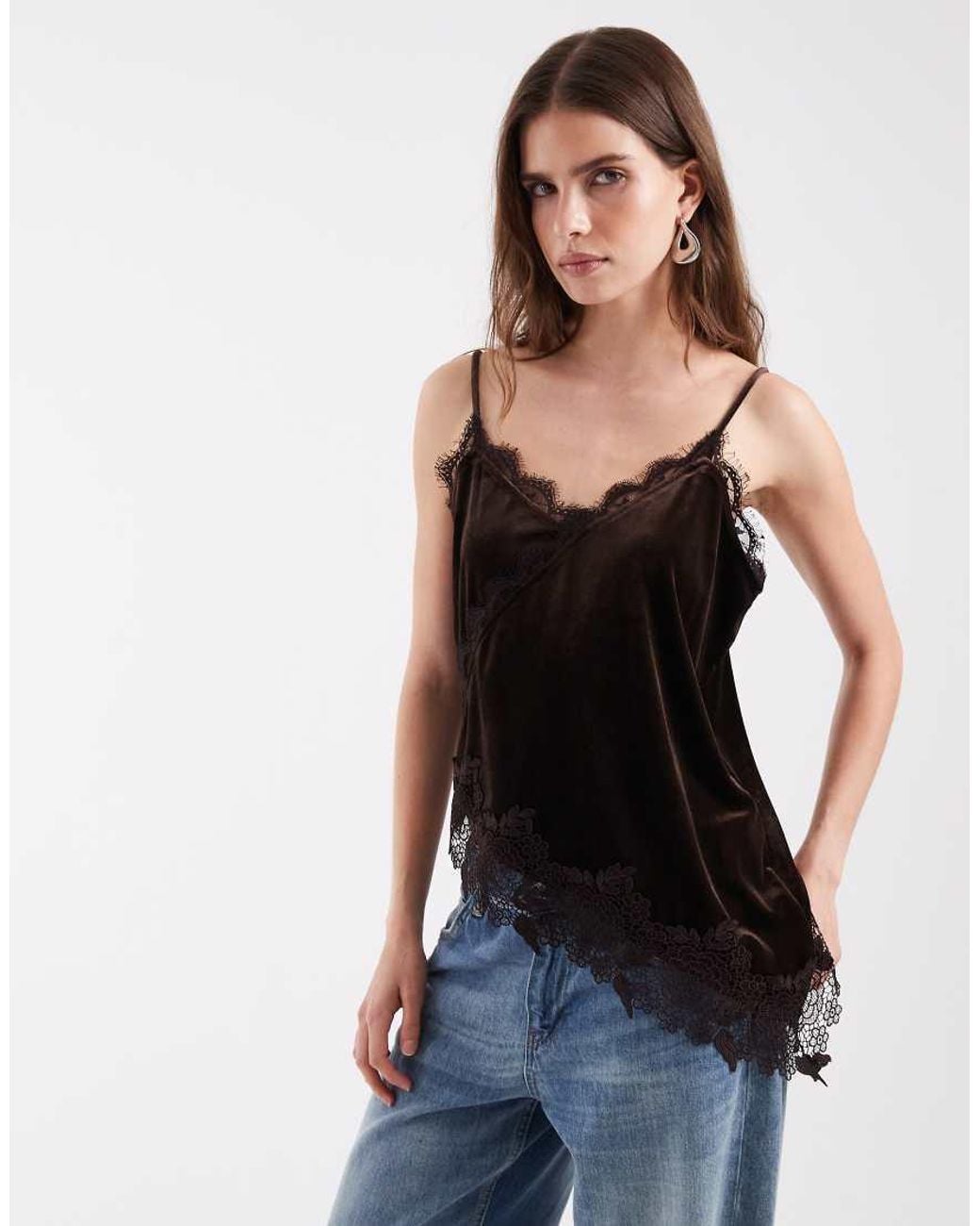 Vero Moda Black Asymm Velvet Cami Top With Lace Detail