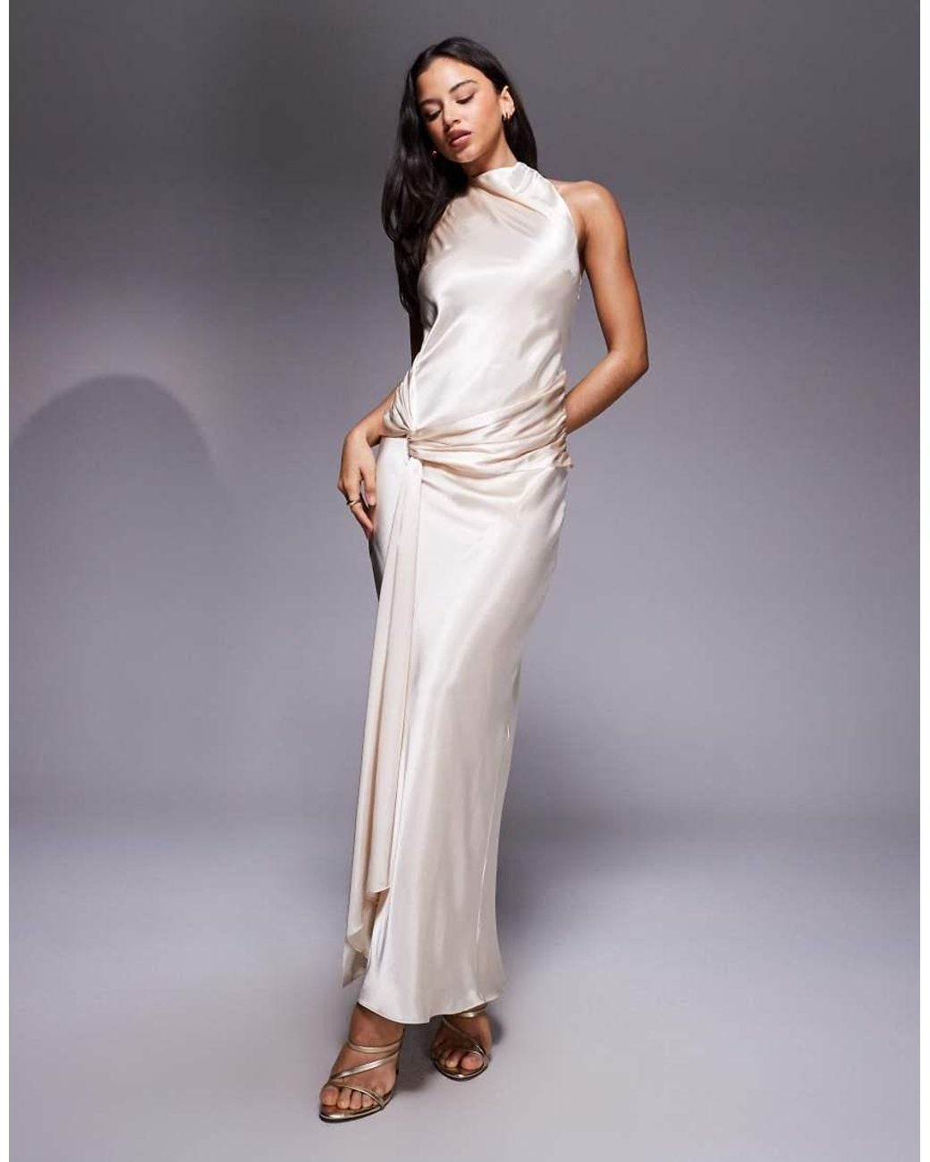 Forever New Purple Satin Halter Neck Knot Drape Detail Maxi Dress