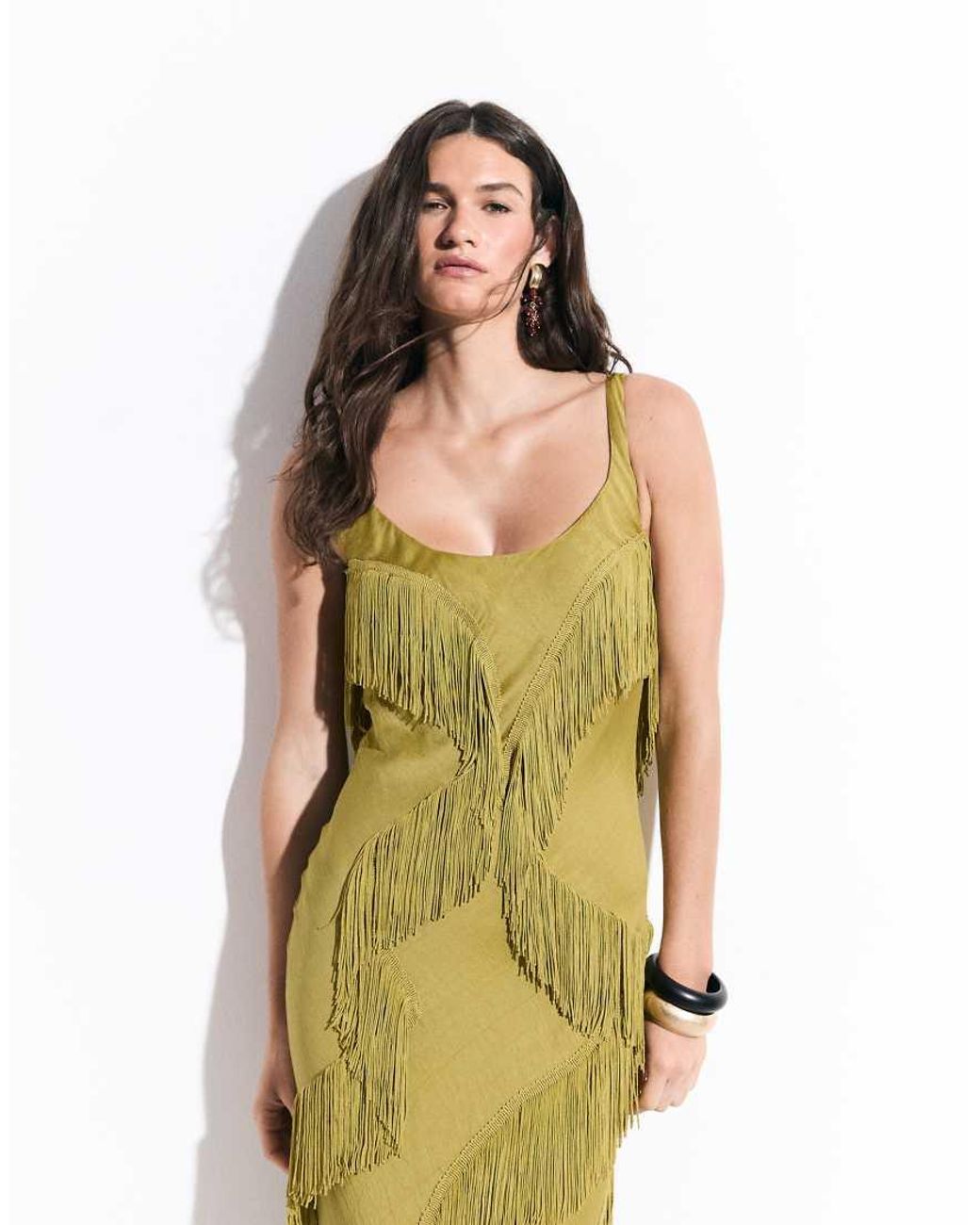 ASOS Metallic Scoop Neck Maxi Dress With Asymmetric Fringe