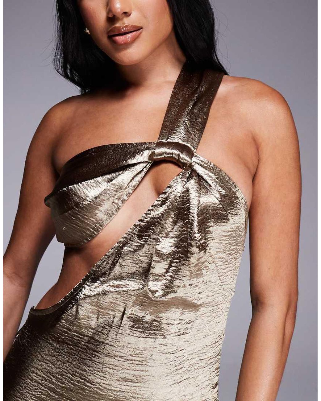 Aria Cove Metallic Hammered Satin One Shoulder Open Back Fishtail Maxi Dress