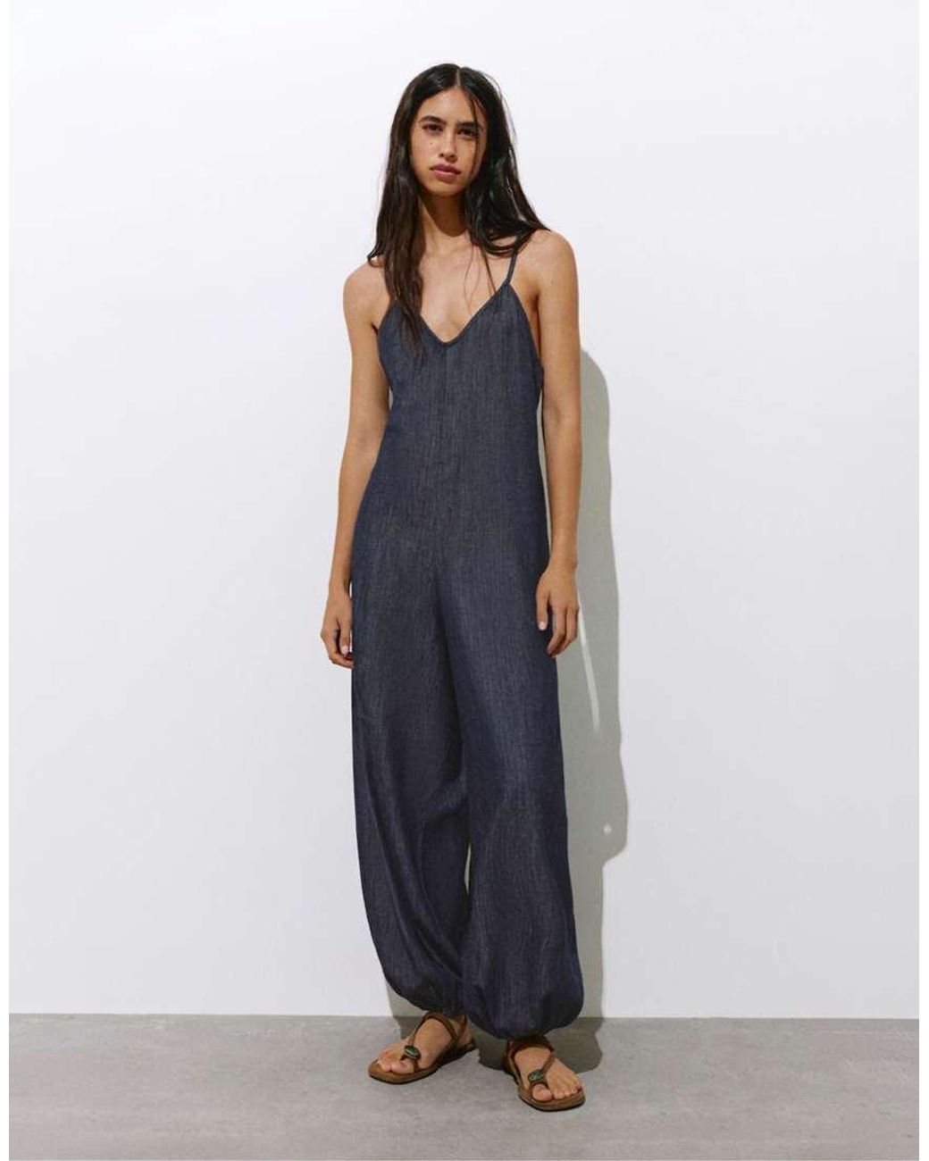 Pull&Bear Blue Long Sarouel Jumpsuit With Straps