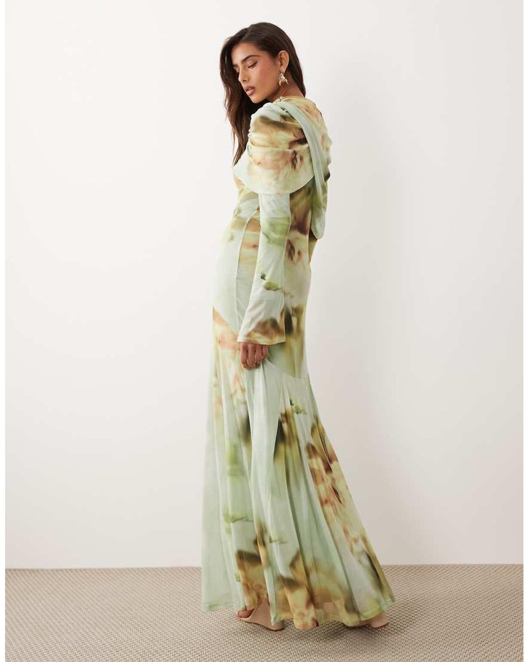 ASOS Green Printed Mesh Maxi Dress With Overlay Draped Neckline Detail