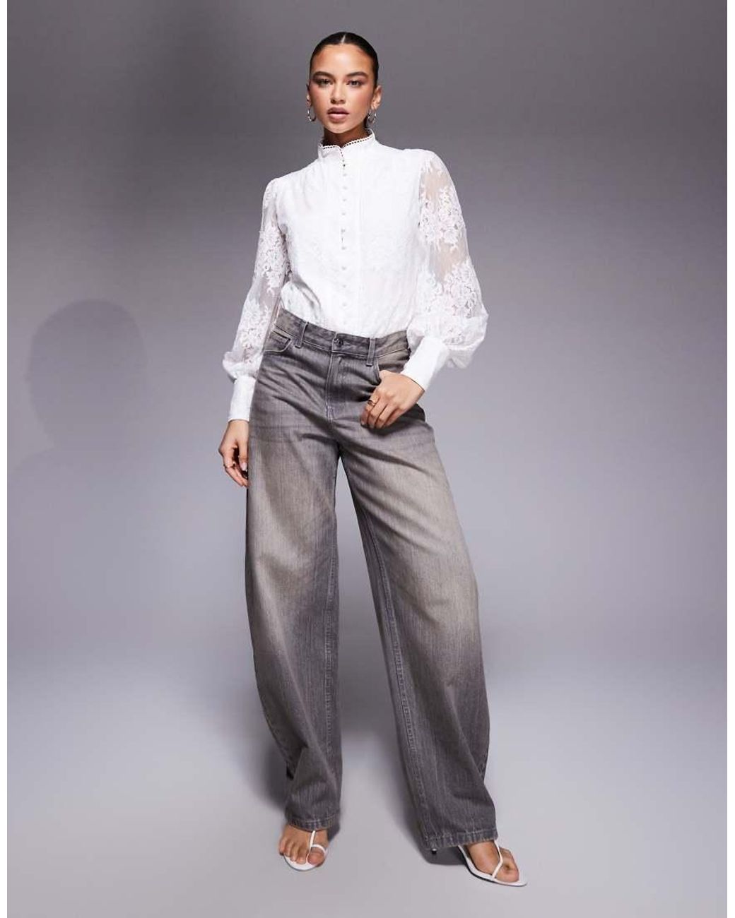 Bardot Gray Olessia Cotton Lace High Neck Balloon Sleeve Shirt