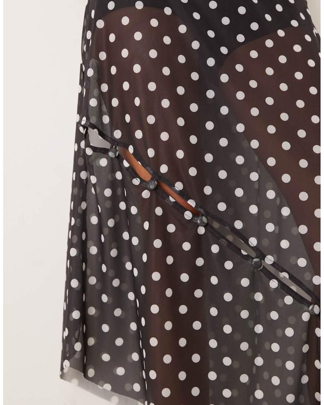 House Of Sunny Natural Polka Dot Mesh Button Detail Midi Skirt