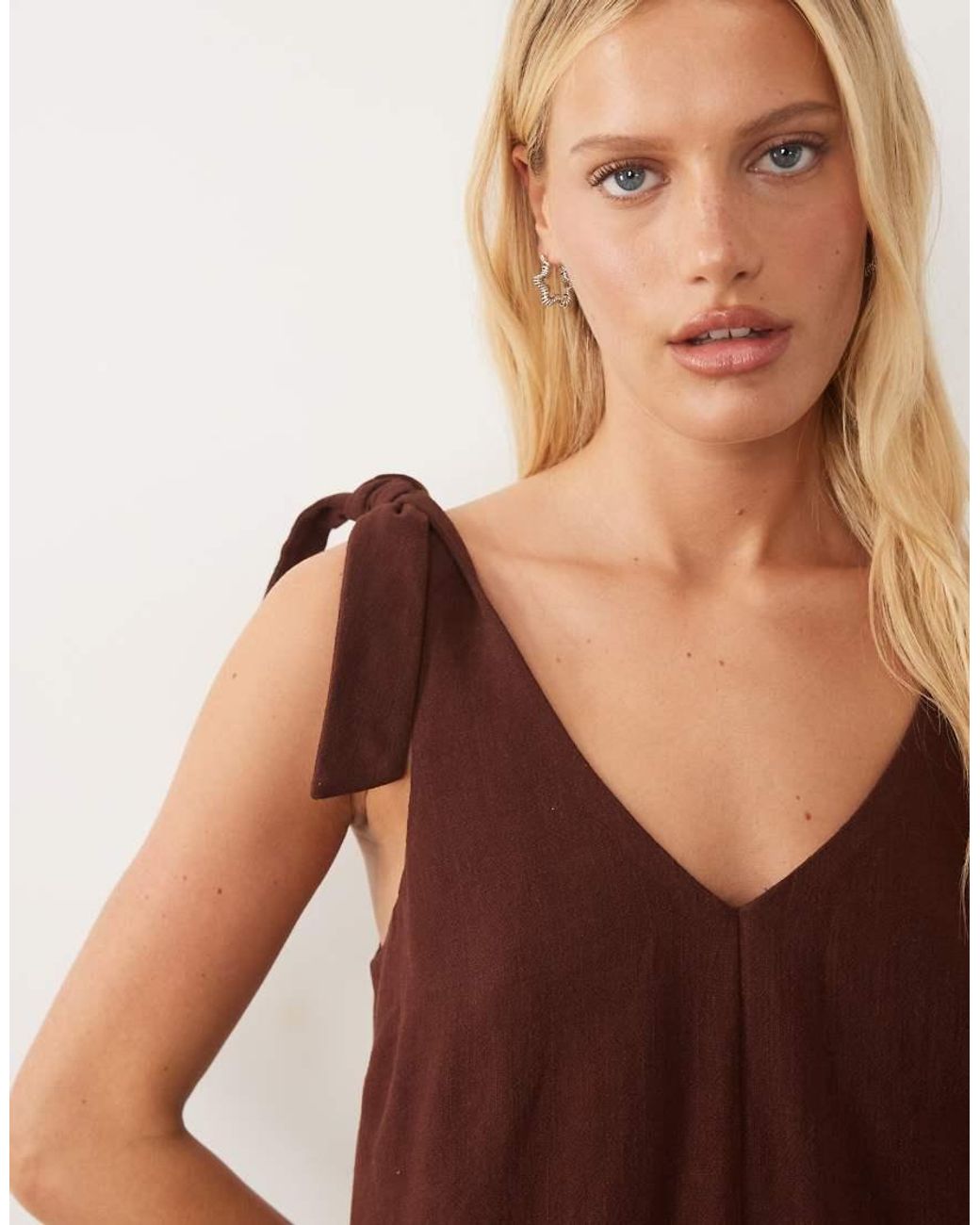Miss Selfridge Brown Linen Look Tie Shoulder Playsuit