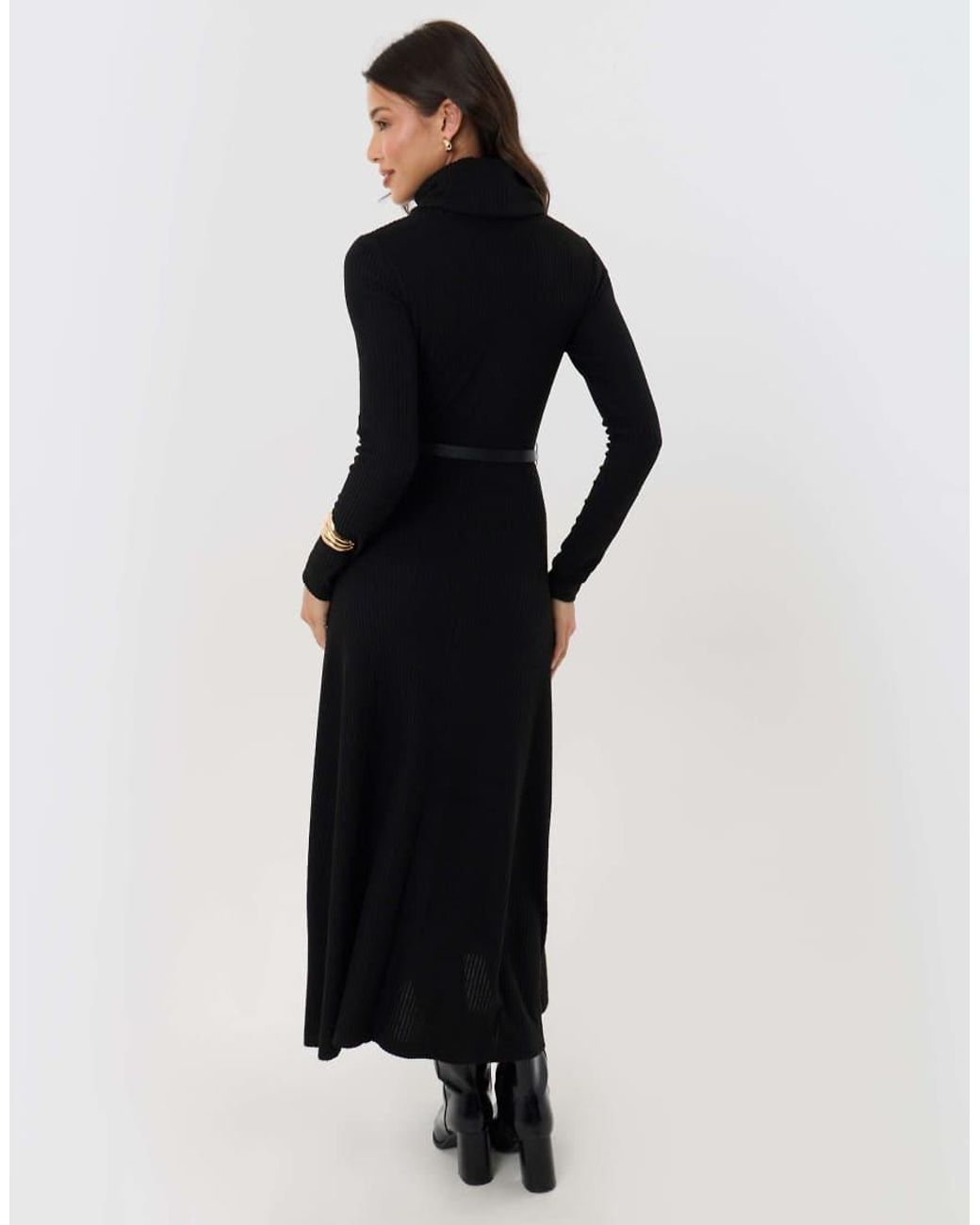 Threadbare Black Ribbed Roll Neck Maxi Dress With Belt