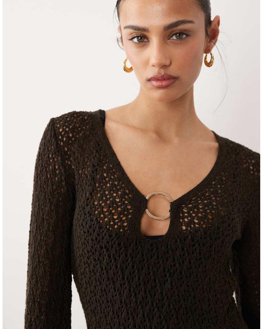 New Look Black Ring Detail Crochet Kaftan