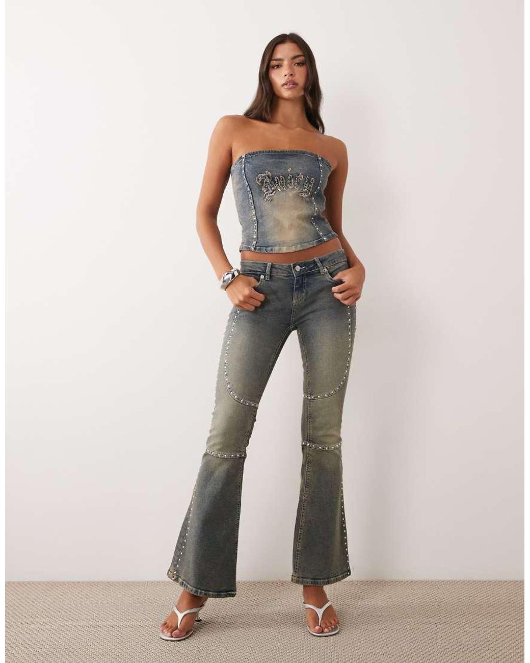 Juicy Couture Blue Moto Studded Low Rise Flare Jean Co-ord