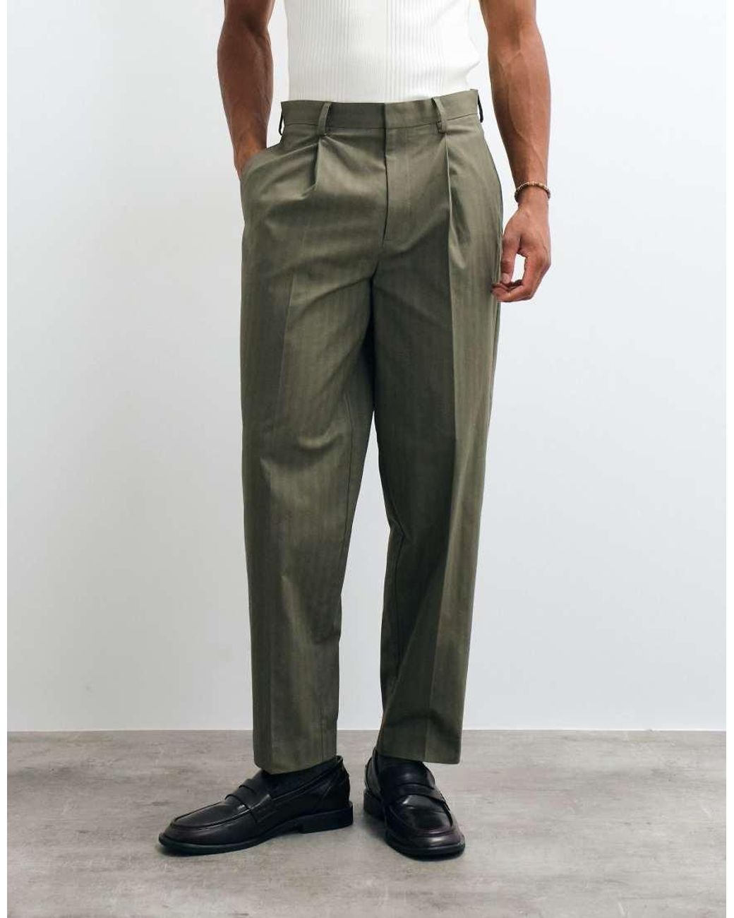 ASOS Green Tailored Cotton Rich Oversized Tapered Trousers for men
