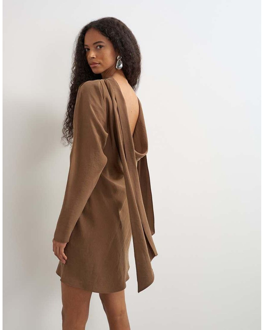 TOPSHOP Brown Cupro Long Sleeve Scarf Neck Cowl Back Mini Dress