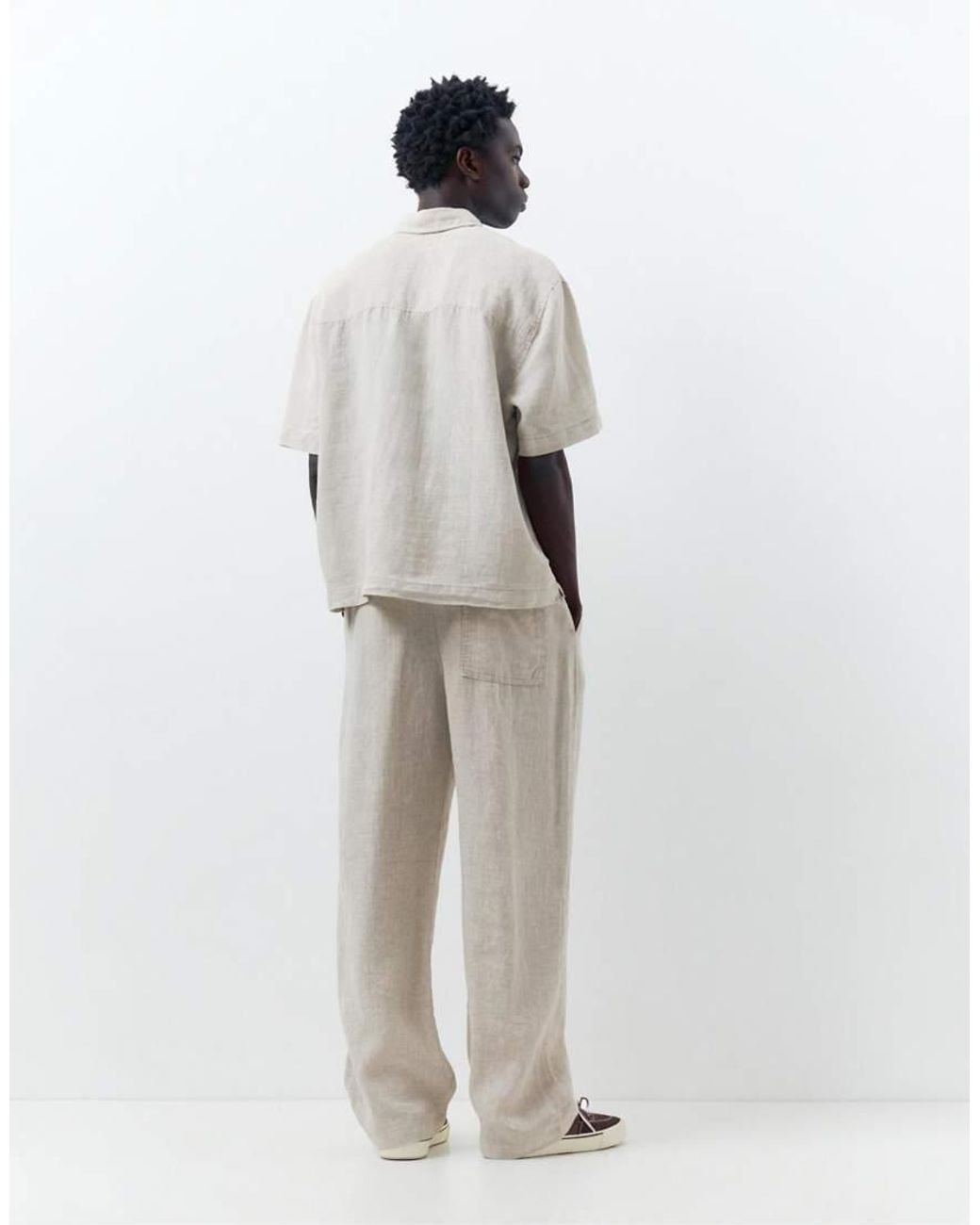 Pull&Bear Gray 100% Linen Trousers for men