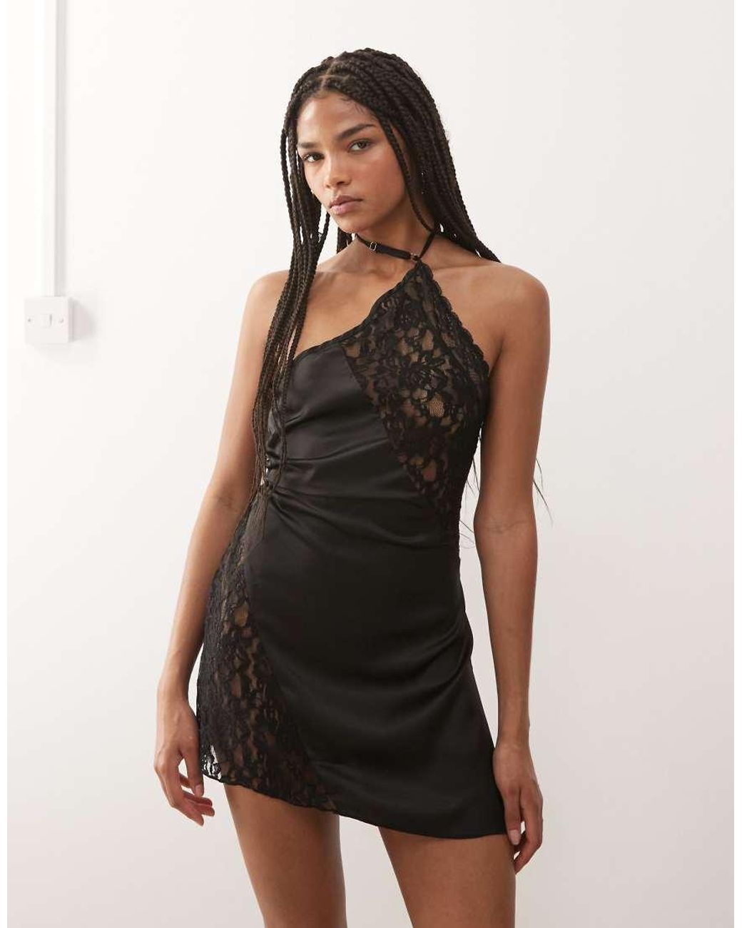 Lioness Black Amore Satin Sheer Lace Bust Panelling Detail Halterneck Mini Dress