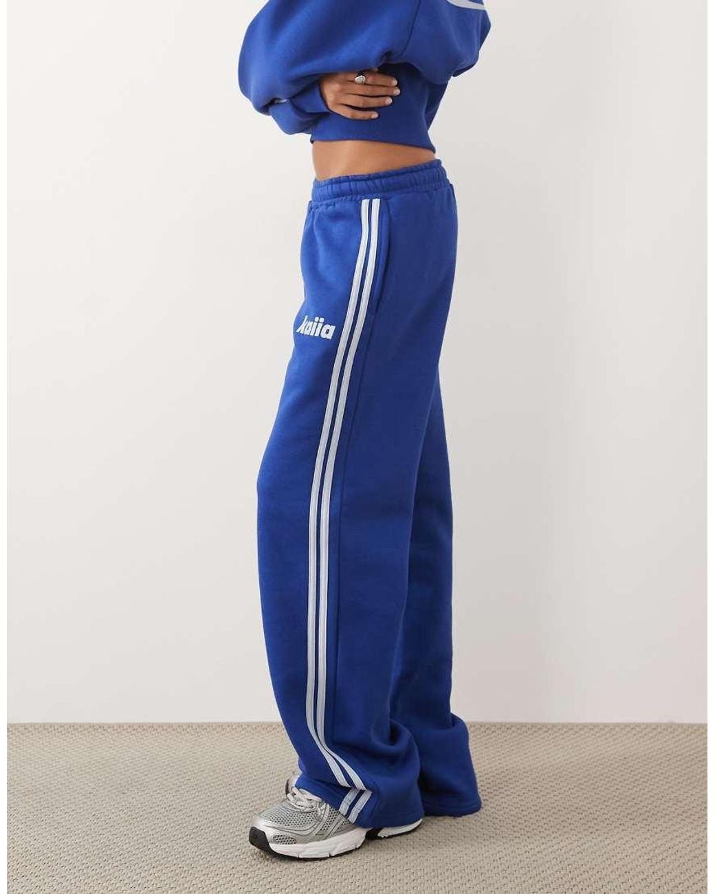 Kaiia Blue Cotton Rich Embroidered Logo Side Stripe Wide Leg Trackies