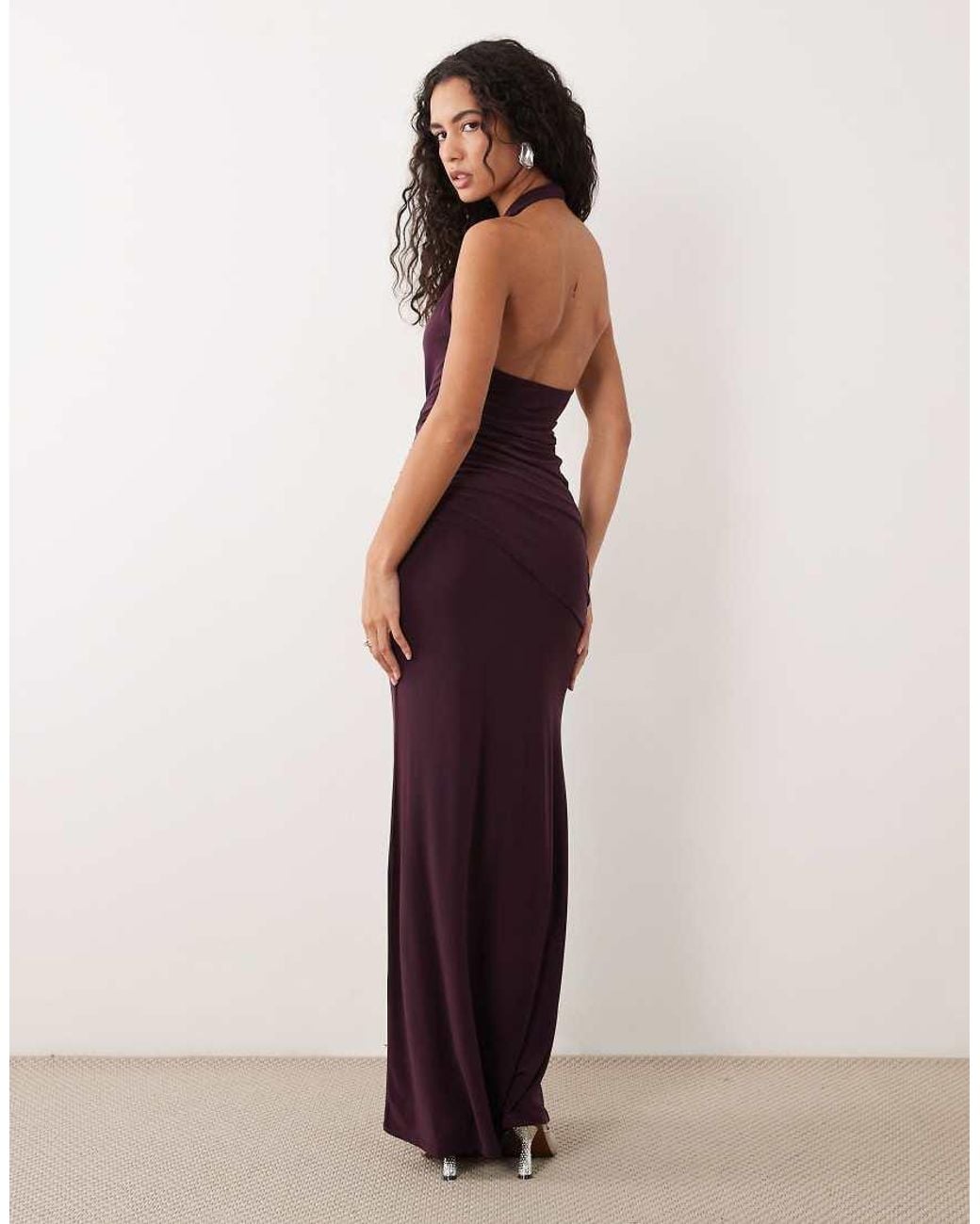 ASOS Purple Plunge Halter Neck Ruched Maxi Dress