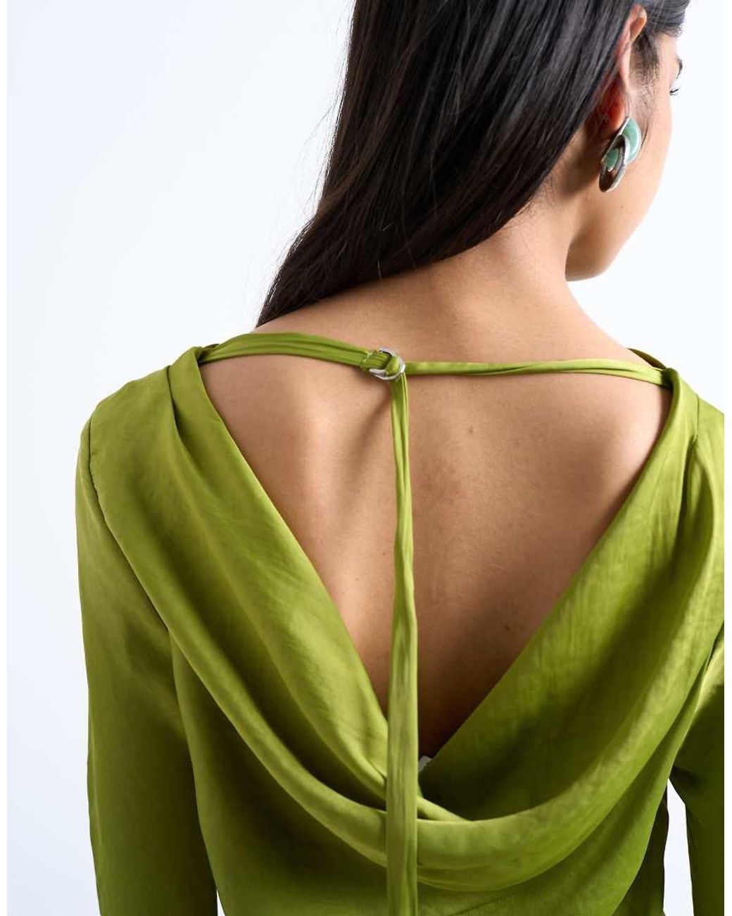 TOPSHOP Green Cowl Back Long Sleeve Mini Satin