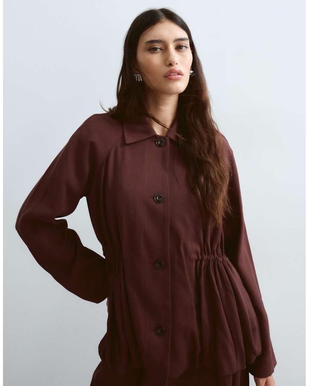 ARRANGE Brown Button Down Cinch Waist Peplum Blazer