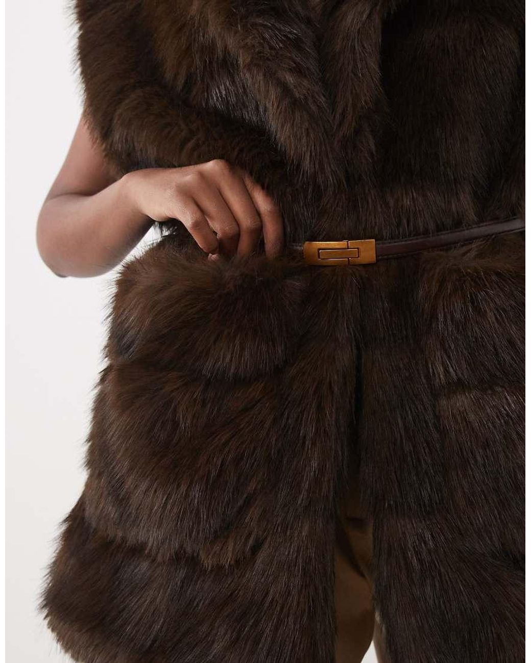 Bardot Brown Faux Fur Longline Gilet With Belt Detail
