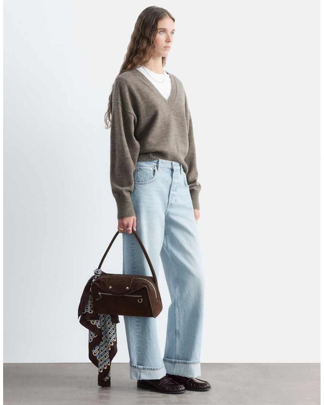 & Other Stories Brown V Neck Rib Sweater
