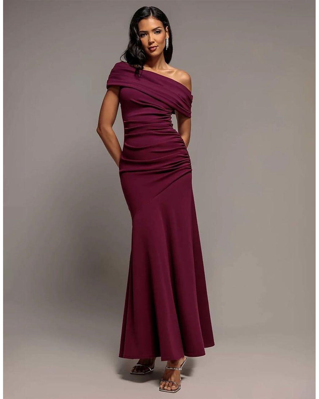 Goddiva Purple Pleated One Shoulder Bardot Fit And Flare Maxi Dress