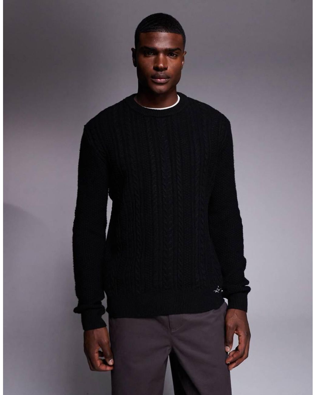 River Island Black Cable Knit Jumper for men