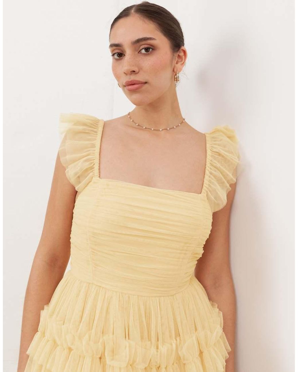 ANAYA Natural Square Neck Flutter Sleeve Frill Midaxi Dress
