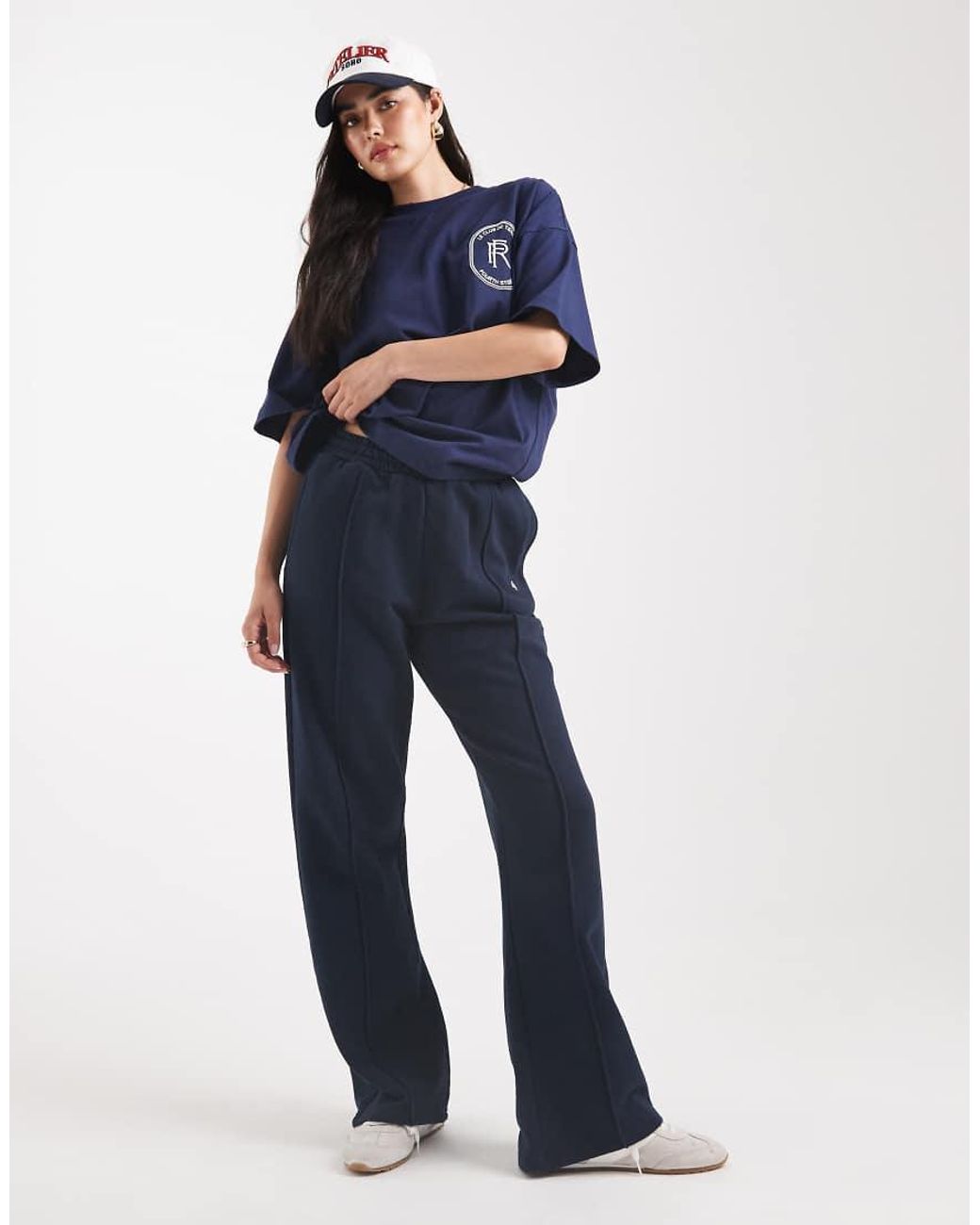 4th & Reckless Blue Cotton Embroidered Logo Seam Detail Wide Leg Sweatpants