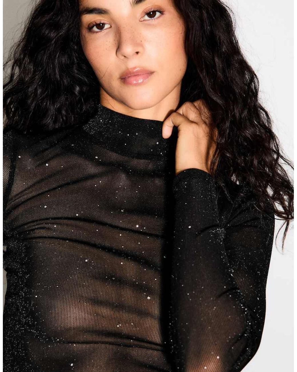Bershka Black Metallic-thread Long Sleeve T-shirt