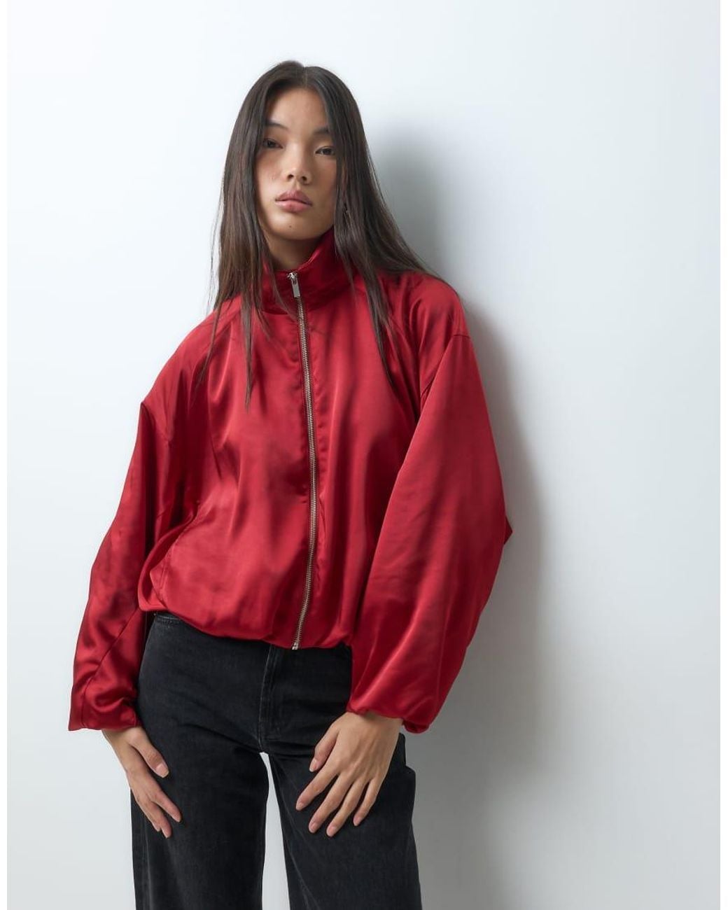 ASOS Red Sateen Funnel Neck Track Bomber Jacket