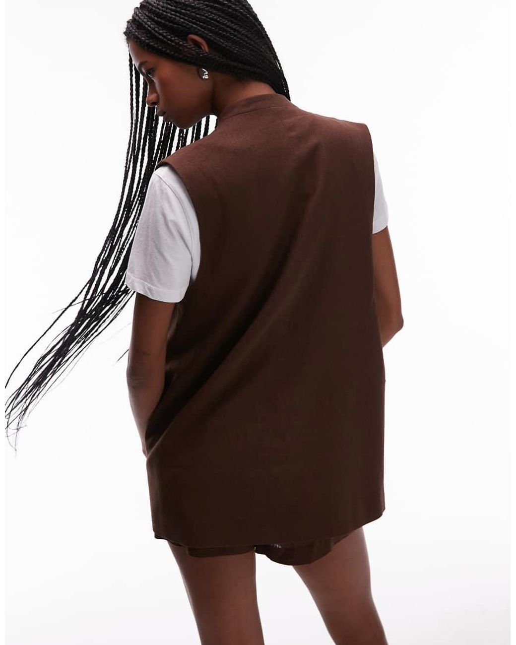 TOPSHOP Brown Linen Blend Throw On Sleeveless Blazer