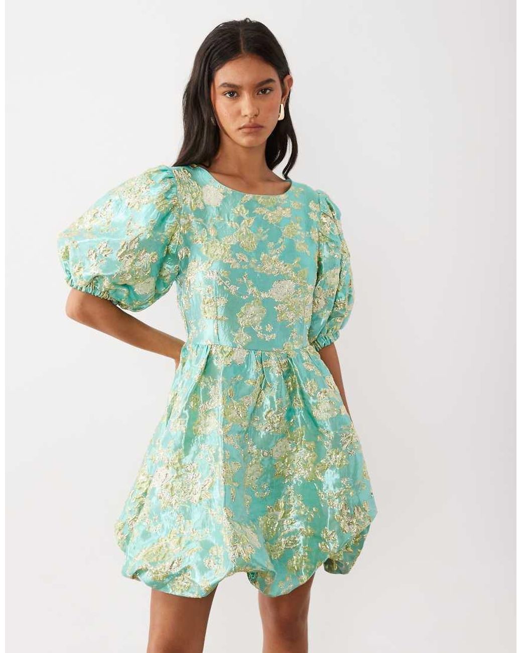 Sister Jane Green Jacquard Puff Sleeve Bubble Hem Mini Dress
